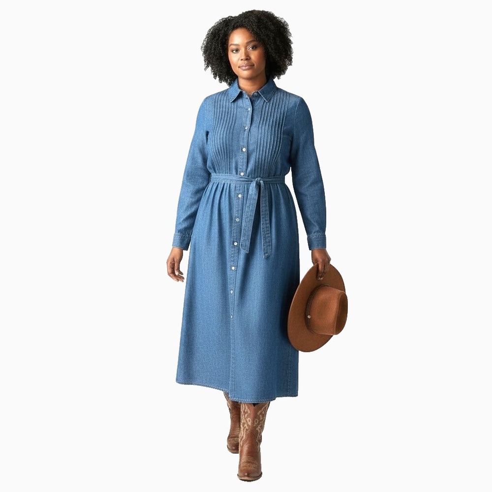 VTG Mainstreet Blues Women's Denim Dress 12W Blue Buttons Pintuck Cotton MODEST